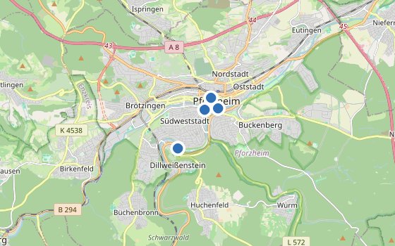 Kartenausschnitt mit den Hotels des Reiseziels