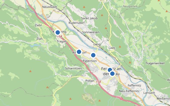 Kartenausschnitt mit den Hotels des Reiseziels