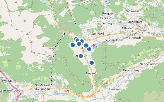 Kartenausschnitt mit den Hotels des Reiseziels