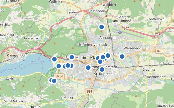 Kartenausschnitt mit den Hotels des Reiseziels