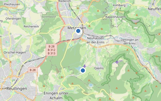 Kartenausschnitt mit den Hotels des Reiseziels