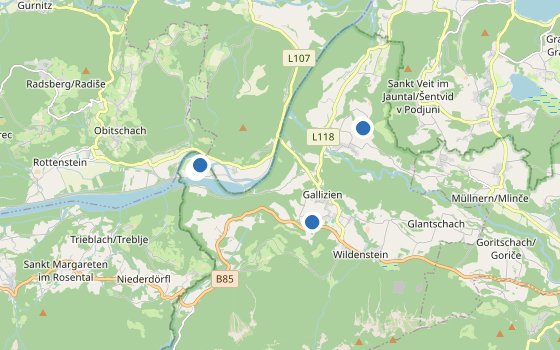 Kartenausschnitt mit den Hotels des Reiseziels