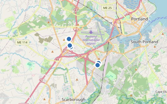 Kartenausschnitt mit den Hotels des Reiseziels