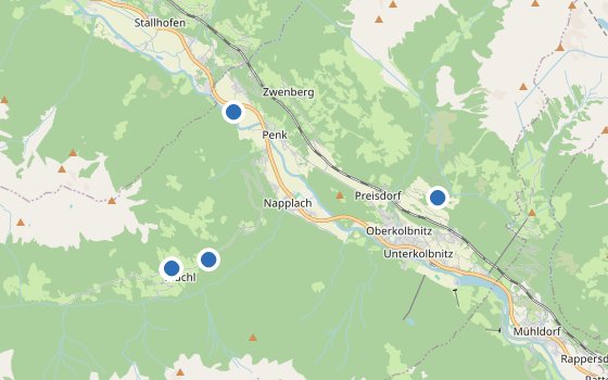 Kartenausschnitt mit den Hotels des Reiseziels