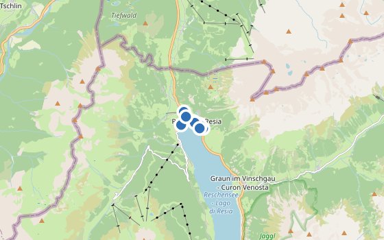 Kartenausschnitt mit den Hotels des Reiseziels