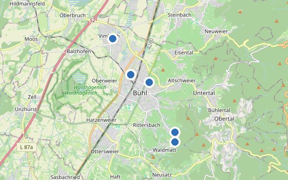 Kartenausschnitt mit den Hotels des Reiseziels