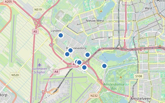 Kartenausschnitt mit den Hotels des Reiseziels