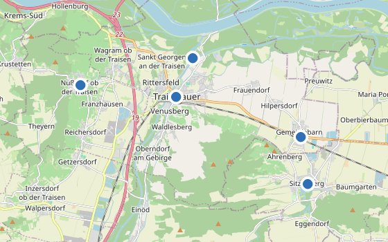 Kartenausschnitt mit den Hotels des Reiseziels