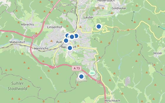 Kartenausschnitt mit den Hotels des Reiseziels