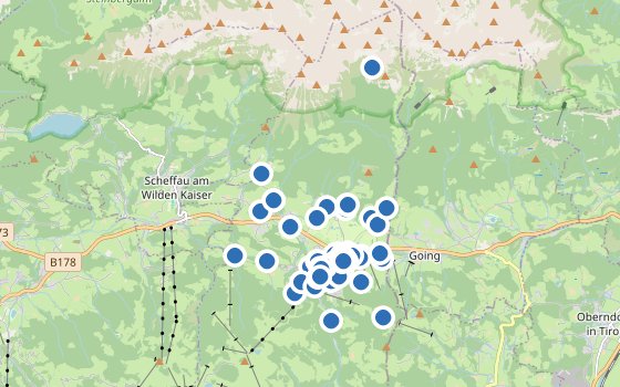 Kartenausschnitt mit den Hotels des Reiseziels