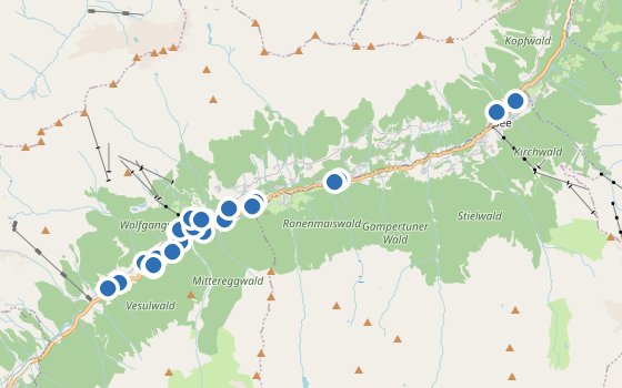 Kartenausschnitt mit den Hotels des Reiseziels