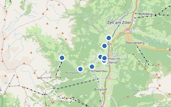 Kartenausschnitt mit den Hotels des Reiseziels
