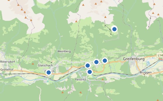 Kartenausschnitt mit den Hotels des Reiseziels