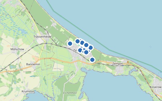 Kartenausschnitt mit den Hotels des Reiseziels