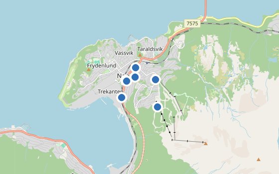 Kartenausschnitt mit den Hotels des Reiseziels