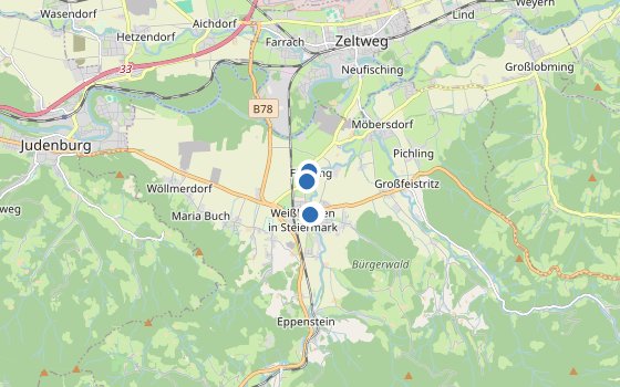 Kartenausschnitt mit den Hotels des Reiseziels