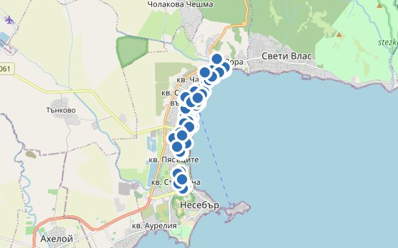 Kartenausschnitt mit den Hotels des Reiseziels