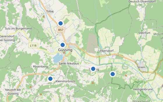 Kartenausschnitt mit den Hotels des Reiseziels