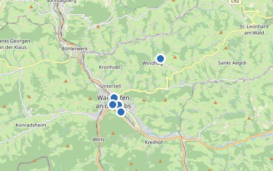 Kartenausschnitt mit den Hotels des Reiseziels