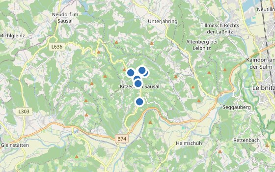 Kartenausschnitt mit den Hotels des Reiseziels