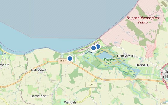 Kartenausschnitt mit den Hotels des Reiseziels