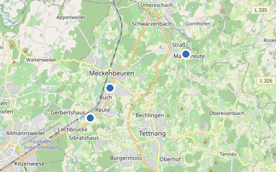 Kartenausschnitt mit den Hotels des Reiseziels