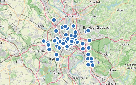 Kartenausschnitt mit den Hotels des Reiseziels