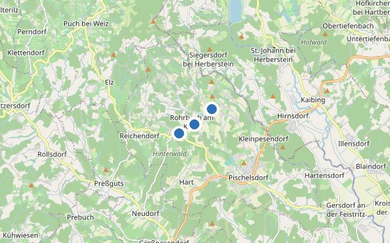 Kartenausschnitt mit den Hotels des Reiseziels