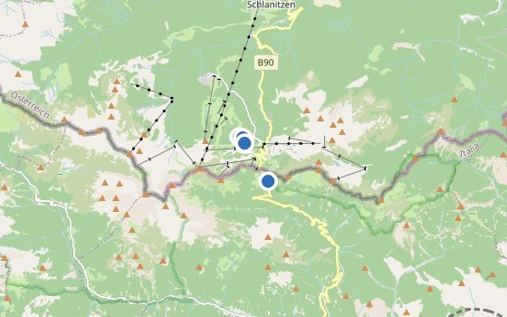 Kartenausschnitt mit den Hotels des Reiseziels