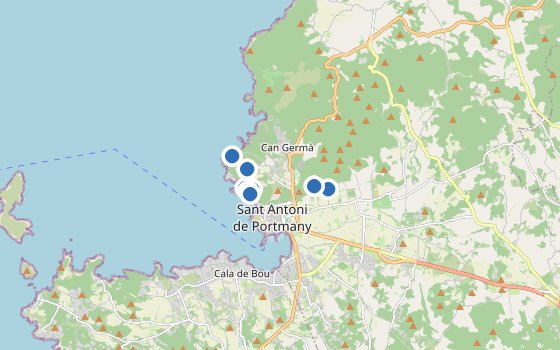 Kartenausschnitt mit den Hotels des Reiseziels