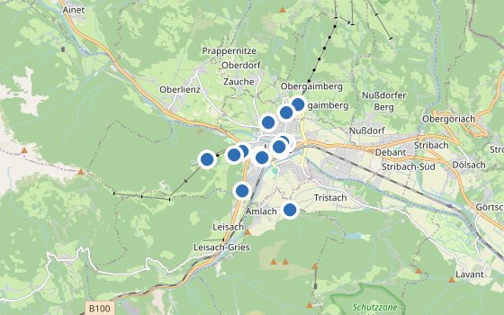 Kartenausschnitt mit den Hotels des Reiseziels