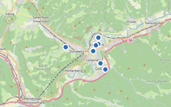 Kartenausschnitt mit den Hotels des Reiseziels