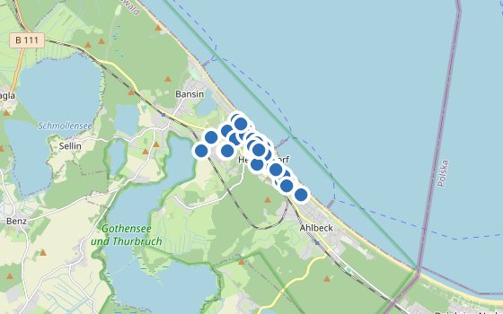 Kartenausschnitt mit den Hotels des Reiseziels
