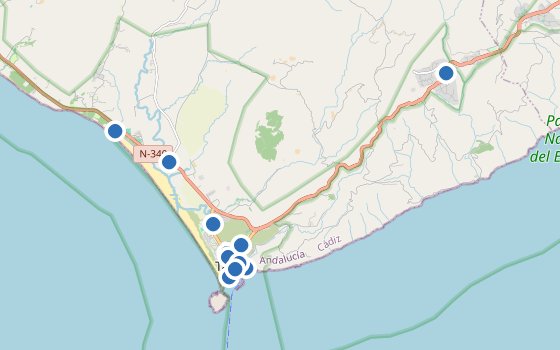 Kartenausschnitt mit den Hotels des Reiseziels