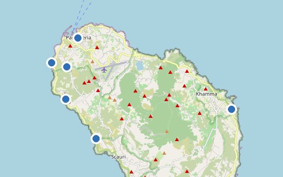 Kartenausschnitt mit den Hotels des Reiseziels