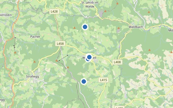 Kartenausschnitt mit den Hotels des Reiseziels