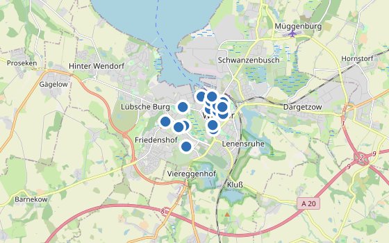 Kartenausschnitt mit den Hotels des Reiseziels