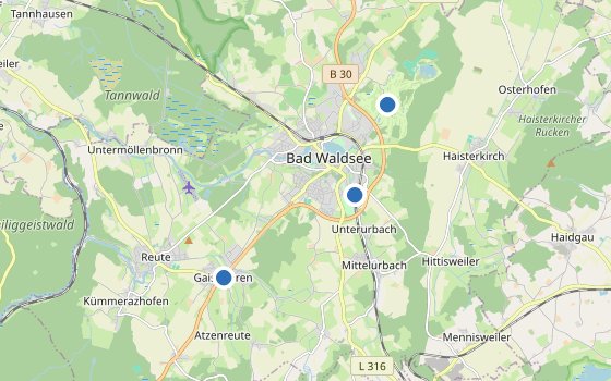 Kartenausschnitt mit den Hotels des Reiseziels