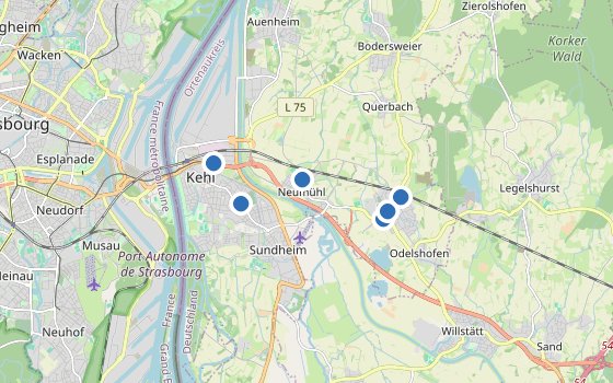 Kartenausschnitt mit den Hotels des Reiseziels