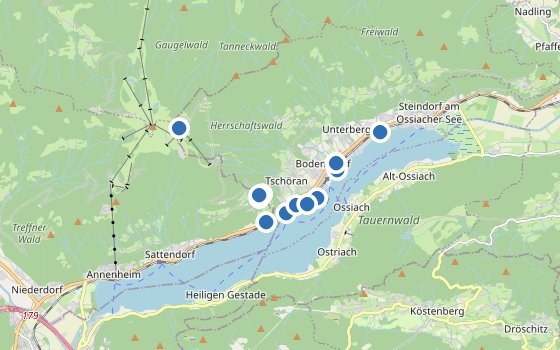 Kartenausschnitt mit den Hotels des Reiseziels