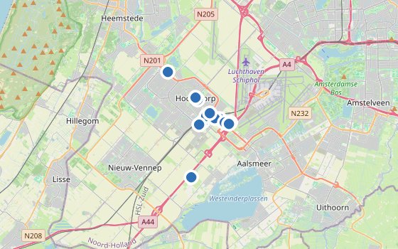 Kartenausschnitt mit den Hotels des Reiseziels