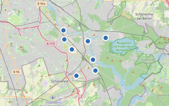Kartenausschnitt mit den Hotels des Reiseziels