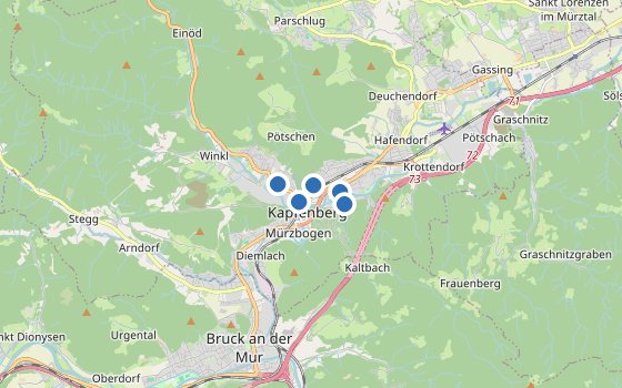 Kartenausschnitt mit den Hotels des Reiseziels