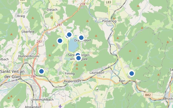 Kartenausschnitt mit den Hotels des Reiseziels