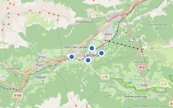 Kartenausschnitt mit den Hotels des Reiseziels