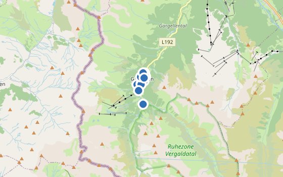 Kartenausschnitt mit den Hotels des Reiseziels