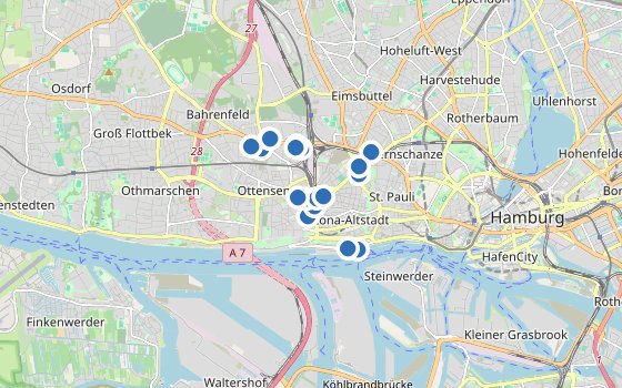 Kartenausschnitt mit den Hotels des Reiseziels