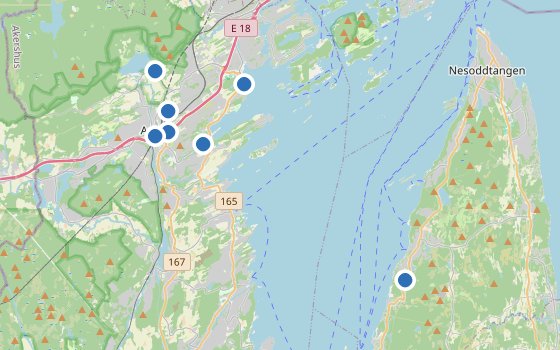 Kartenausschnitt mit den Hotels des Reiseziels
