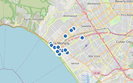 Kartenausschnitt mit den Hotels des Reiseziels