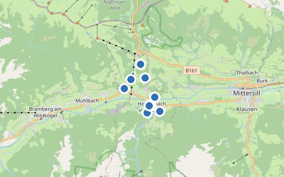 Kartenausschnitt mit den Hotels des Reiseziels